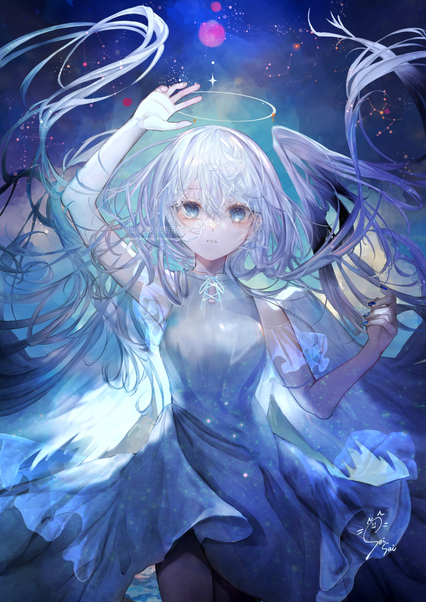 1girl absurdres angel angel_wings arm_up bangs blue_background blue_dress blue_eyes blue_nails blue_ribbon breasts chinese_text dot_nose dress english_text feathered_wings floating_hair hair_between_eyes halo highres large_breasts light_particles long_hair looking_at_viewer neck_ribbon open_hand original parted_lips ribbon seisaiminty signature sleeveless sleeveless_dress solo sparkle standing straight-on very_long_hair watermark white_hair wings