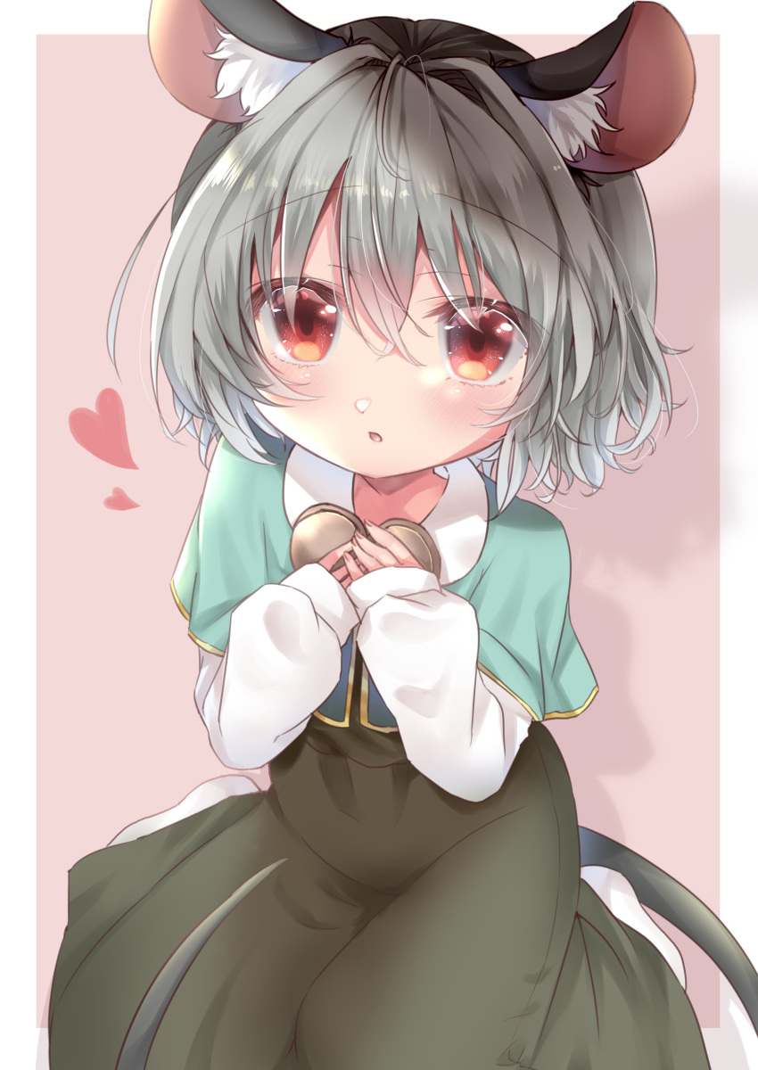 1girl absurdres animal_ear_fluff animal_ears aqua_capelet ashino_chimado border candy chocolate dress food grey_dress grey_hair heart heart-shaped_chocolate highres long_sleeves looking_at_viewer mouse_ears nazrin pink_background red_eyes short_hair solo tail touhou white_border