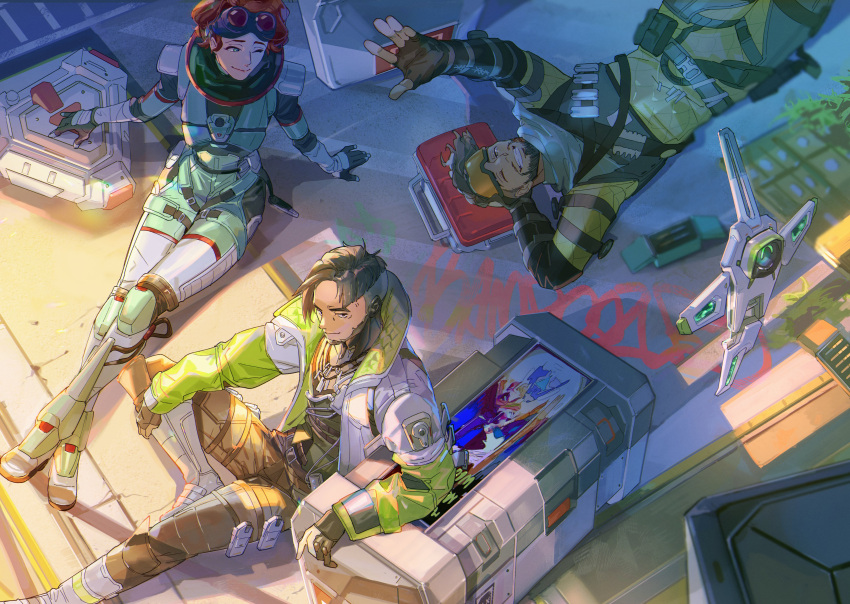 1girl 2boys absurdres ammunition_box animification apex_legends black_eyes black_gloves black_hair black_pants blue_eyes bodysuit boots brown_hair crossed_legs crypto_(apex_legends) death_box_(apex_legends) facial_hair fingerless_gloves first_aid_kit from_above gloves goatee goggles goggles_on_head hack_(apex_legends) hair_behind_ear highres horizon_(apex_legends) jewelry looking_to_the_side mirage_(apex_legends) multiple_boys necklace one_eye_closed open_hand orange_hair pants parted_hair partially_fingerless_gloves revenant_(apex_legends) short_hair sitting smile spacesuit thundergotch white_footwear yellow_bodysuit