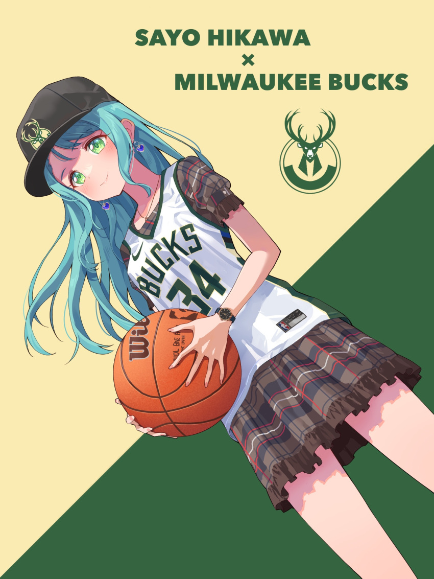 1girl ball bang_dream! baseball_cap basketball basketball_jersey black_headwear blue_hair blush brown_skirt character_name dress earrings green_eyes hair_behind_ear hat heart heart_earrings highres hikawa_sayo holding holding_ball jewelry long_hair milwaukee_bucks national_basketball_association nike plaid plaid_dress shirt skirt sleeveless sleeveless_shirt smile solo two-tone_background watch watch white_shirt yazawa_happyaro