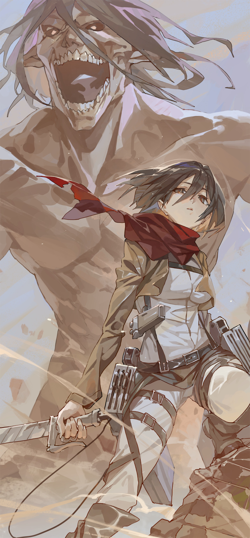 1girl absurdres arm_behind_back bangs belt black_belt black_hair blue_sky brown_jacket cloak giant grey_eyes highres holding holding_sword holding_weapon hxxg jacket long_sleeves looking_up mikasa_ackerman open_clothes open_jacket open_mouth pants paradis_military_uniform red_scarf scarf shingeki_no_kyojin shirt short_hair sky sword thigh_strap titan_(shingeki_no_kyojin) weapon white_pants white_shirt white_sleeves