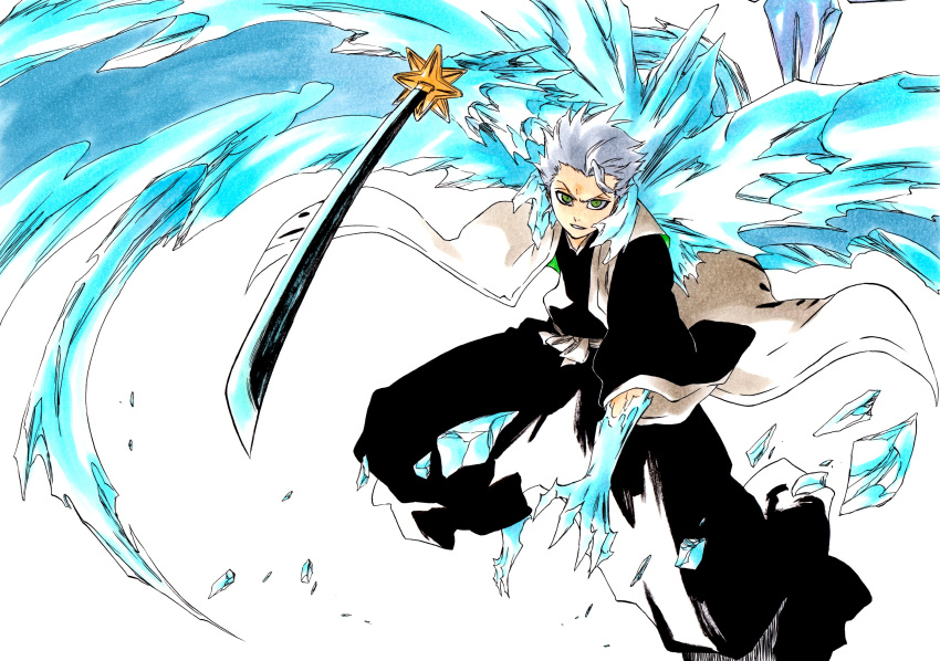 1boy absurdres bleach claws cryokinesis facing_viewer green_eyes haori highres hitsugaya_toushirou holding holding_sword holding_weapon ice ice_wings japanese_clothes katana ken'ichi_(ken1ro_u) looking_at_viewer short_hair simple_background solo solo_focus sword weapon white_background white_hair wings zanpakutou