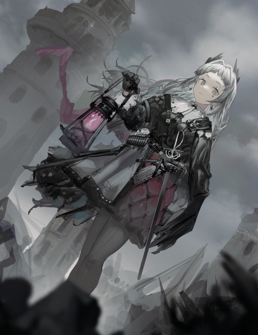 1girl absurdres ammunition_belt arknights black_dress black_gloves clouds cloudy_sky dress dutch_angle earrings feet_out_of_frame gloves grey_eyes grey_hair grey_sky gun hair_intakes hand_up handgun head_wings highres holding holding_lantern holstered_weapon irene_(arknights) jewelry lantern long_sleeves looking_at_viewer multicolored_clothes multicolored_dress neumo pantyhose pink_dress scar scar_across_eye sheath sheathed sky solo standing sword tower weapon white_dress white_pantyhose