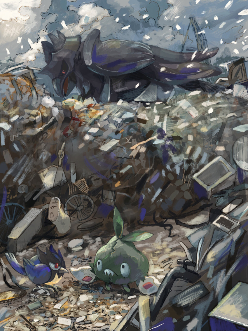 absurdres bird black_eyes black_sclera closed_mouth colored_sclera corviknight day eye_contact highres looking_at_another looking_down no_humans open_mouth outdoors pokemon pokemon_(creature) red_eyes rookidee sakusakufugashi trash trubbish