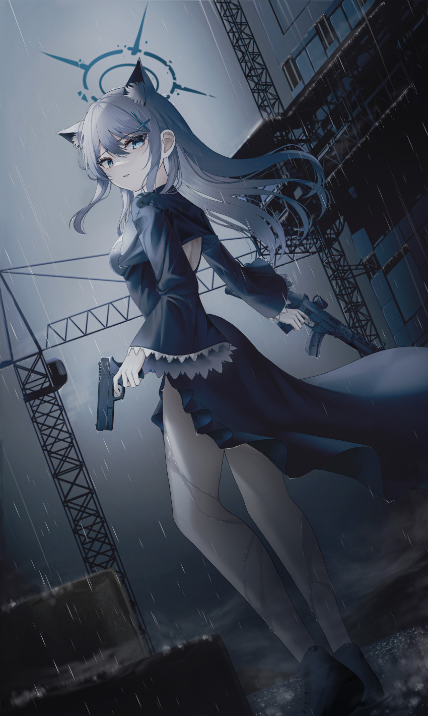 1girl absurdres animal_ears blue_archive blue_dress blue_eyes blue_footwear breasts building clouds cloudy_sky dress dual_wielding dutch_angle fog grey_hair gun halo handgun heterochromia highres holding holding_gun holding_weapon li_se long_hair long_sleeves looking_to_the_side outdoors rain rifle shiroko_(blue_archive) shoes sidelocks sky small_breasts standing tower weapon wet window wolf_ears