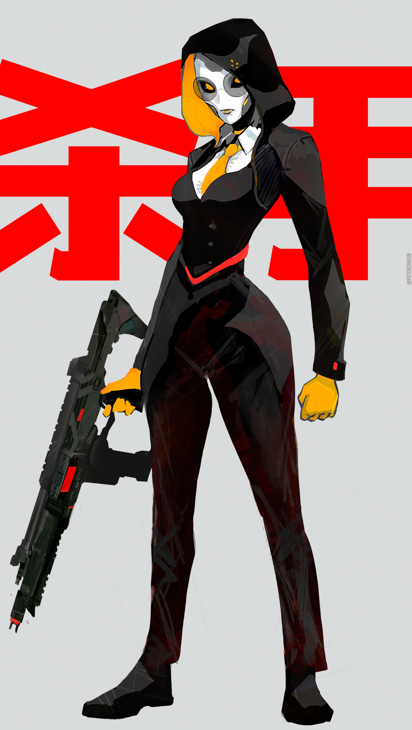 1girl absurdres alternate_costume android apex_legends ash_(titanfall_2) assault_rifle black_footwear black_jacket black_necktie black_pants black_sclera black_vest breasts clenched_hand colored_sclera english_commentary expressionless full_body gun highres holding holding_gun holding_weapon hood hood_up hooded_jacket jacket looking_at_viewer medium_breasts necktie orange_eyes orange_necktie pants peter_chai r-301_carbine rifle shoes simulacrum_(titanfall) solo vest weapon