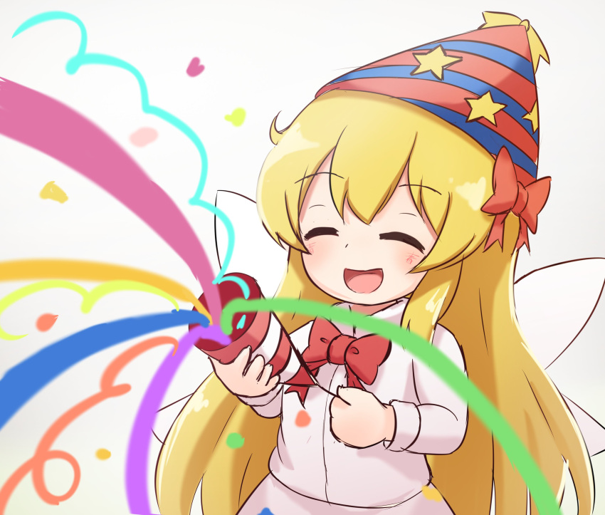 1girl :d absurdres bow bowtie closed_eyes confetti facing_viewer fairy_wings ferdy's_lab hat highres lily_white open_mouth party_hat red_bow red_bowtie shirt smile solo star_(symbol) striped striped_headwear touhou upper_body white_background white_shirt wings