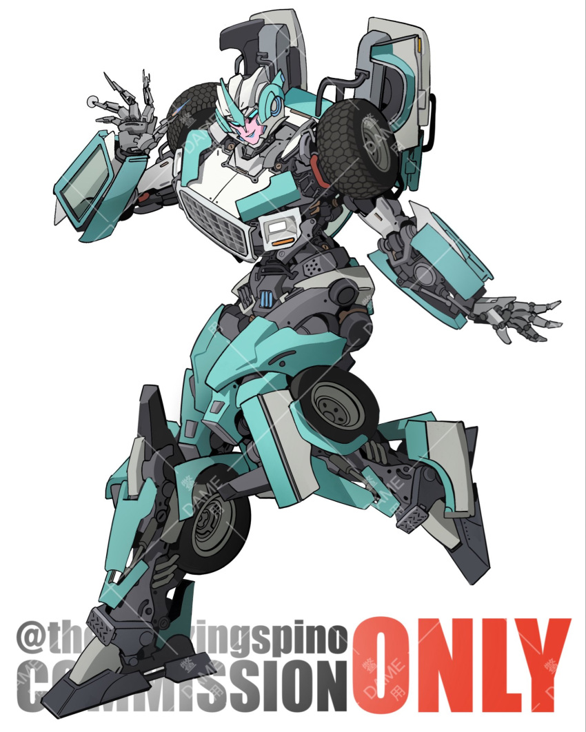 1girl autobot blue_eyes blue_lips commission head_tilt highres lifeline_(transformers) looking_at_viewer mecha open_hands redesign robot running smile solo theamazingspino transformers twitter_username watermark wheel white_background