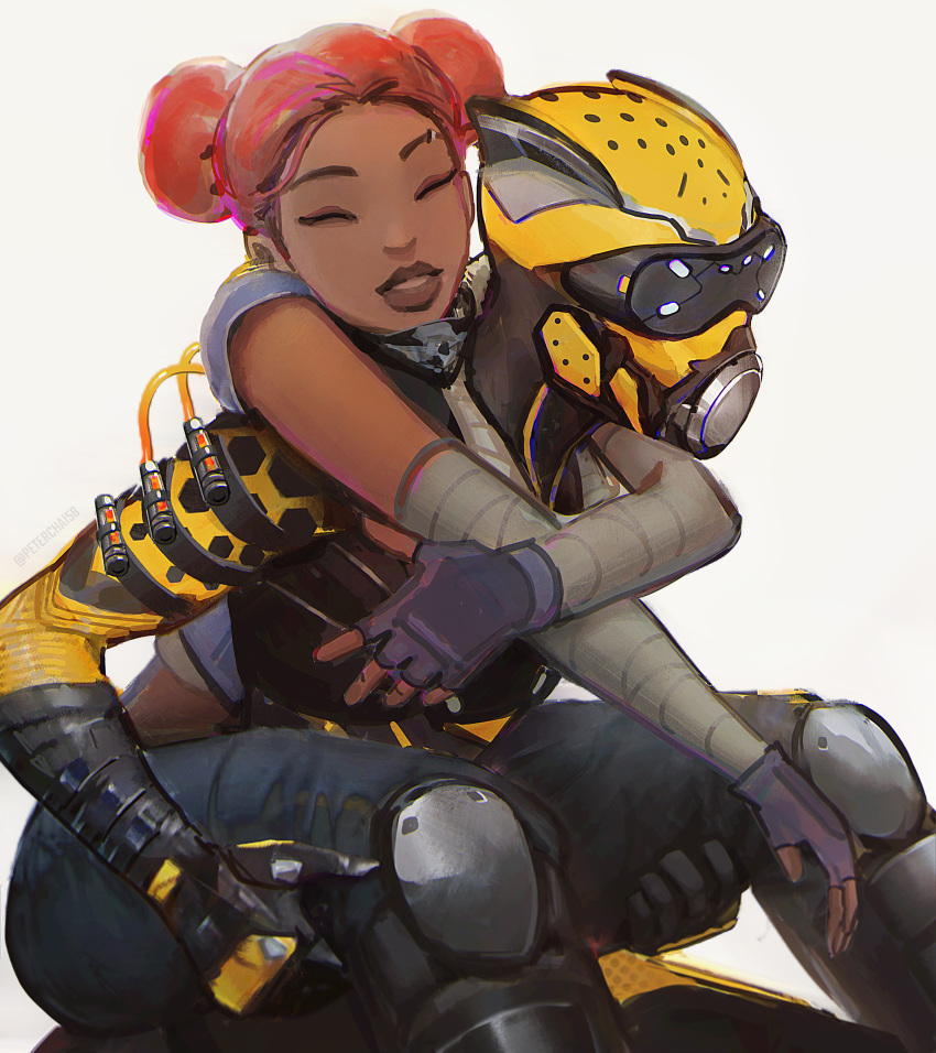 1boy 1girl ^_^ absurdres apex_legends bad_to_the_bone_lifeline black_gloves blue_shirt bodysuit cable carrying closed_eyes dark-skinned_female dark_skin denim double_bun fingerless_gloves gloves hair_bun helmet highres jeans knee_pads lifeline_(apex_legends) octane_(apex_legends) official_alternate_costume pants peter_chai piggyback redhead shirt simple_background smile white_background wild_speed_octane yellow_bodysuit