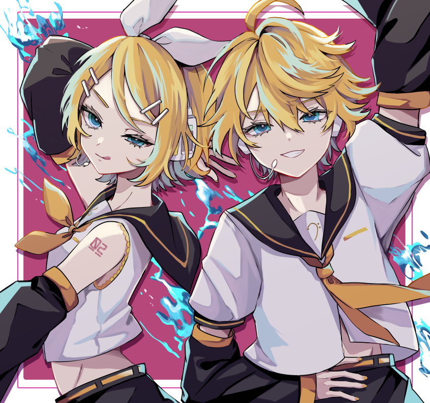 1boy 1girl :p absurdres ahoge aqua_eyes bangs bare_shoulders bass_clef black_sailor_collar blonde_hair bow breasts detached_sleeves from_side grin hair_bow hair_ornament hairclip half-closed_eye hand_on_hip headphones headset highres kagamine_len kagamine_rin long_eyelashes midriff midriff_peek naguno-0713 narrow_waist necktie number_tattoo pale_skin profile sailor_collar sailor_shirt shirt short_sleeves shorts shoulder_tattoo small_breasts smile smug swept_bangs tattoo tongue tongue_out treble_clef tsurime vocaloid white_bow yellow_necktie