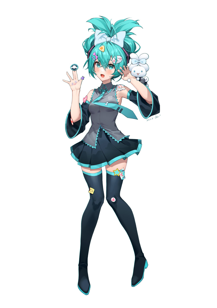 1girl absurdres arms_up bangs black_thighhighs blue_hair blush breasts cinnamiku cinnamoroll eyebrows_hidden_by_hair green_eyes green_hair hair_between_eyes hair_ribbon hatsune_miku highres long_hair looking_at_viewer open_mouth ribbon simple_background skirt smile solo standing tangdouji_(machine) thigh-highs vocaloid white_background