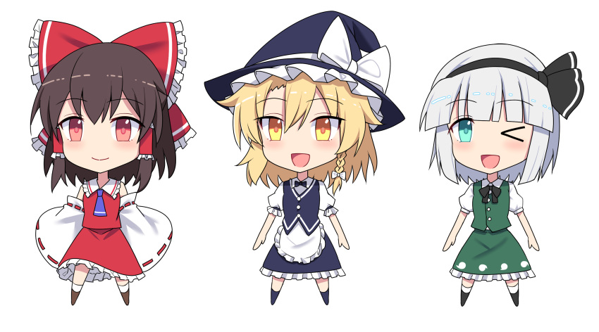 3girls apron ascot bangs bare_shoulders black_bow black_bowtie black_hairband black_ribbon blonde_hair blue_dress blue_eyes blue_headwear blush boots bow bowtie brown_footwear brown_hair buttons chibi closed_mouth collared_shirt commentary_request detached_sleeves dress e.o. frills full_body ghost_print green_skirt green_vest grey_hair hair_between_eyes hair_bow hair_ornament hair_tubes hairband hakurei_reimu hat hat_bow highres hitodama_print kirisame_marisa konpaku_youmu long_sleeves looking_away multiple_girls one_eye_closed open_mouth pink_eyes puffy_short_sleeves puffy_sleeves purple_ascot red_bow red_shirt red_skirt ribbon shirt shoes short_hair short_sleeves simple_background skirt skirt_set smile socks standing tongue touhou vest white_apron white_background white_bow white_shirt white_socks wide_sleeves witch_hat yellow_eyes