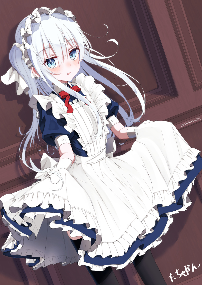 1girl against_wall alternate_costume alternate_hairstyle apron black_thighhighs blue_dress blue_eyes dress dutch_angle enmaided feet_out_of_frame frilled_apron frills hibiki_(kancolle) highres kantai_collection long_hair looking_at_viewer maid maid_headdress neck_ribbon one_side_up red_ribbon ribbon skirt_hold solo standing tachakan thigh-highs white_apron white_hair