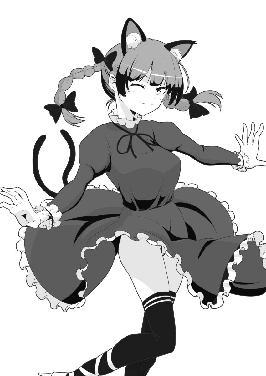 1girl ;) animal_ears bow braid cat_ears dress extra_ears feet_out_of_frame frills greyscale hair_bow highres kaenbyou_rin long_sleeves looking_at_viewer monochrome one_eye_closed smile solo takuman135 touhou twin_braids