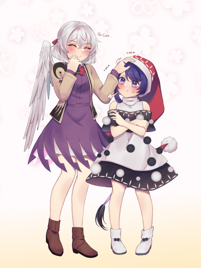 2girls :t =3 ^_^ absurdres black_dress blue_hair blush boots brown_footwear brown_jacket capelet closed_eyes commentary crossed_arms doremy_sweet dress english_text feathered_wings full_body gradient gradient_background grey_hair hand_on_another's_head hat headpat height_difference highres jacket kishin_sagume multicolored_clothes multicolored_dress multiple_girls nightcap pom_pom_(clothes) pout purple_dress red_headwear sakikagami single_wing smile standing tail tapir_tail touhou violet_eyes white_dress white_footwear white_wings wings