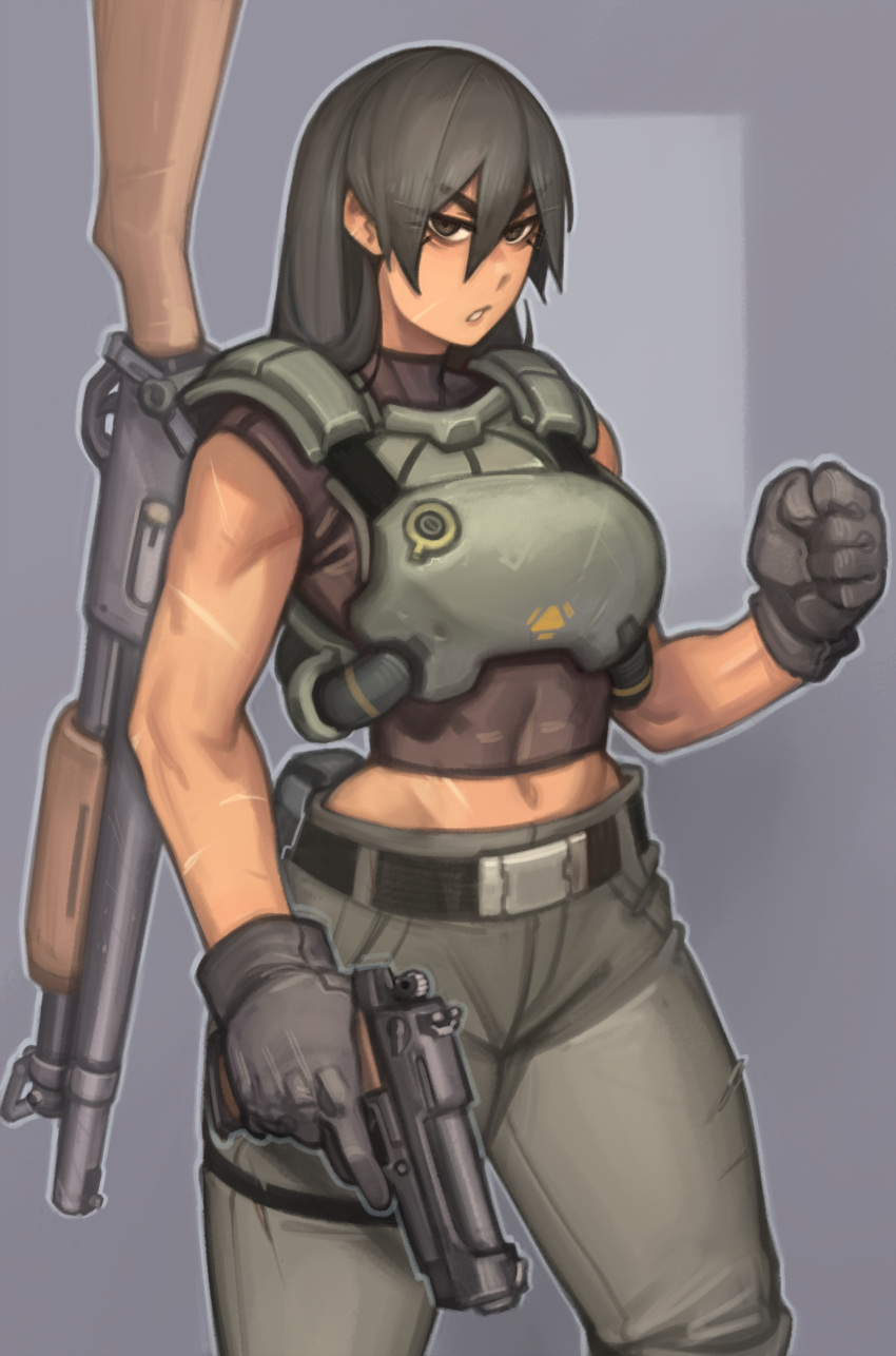 1girl absurdres armor bangs belt belt_buckle black_belt black_hair brown_eyes buckle clenched_hand commentary english_commentary gloves grey_background grey_gloves grey_pants gun hair_between_eyes handgun highres holding holding_gun holding_weapon kelvin_hiu long_hair looking_at_viewer midriff multiple_scars navel original pants parted_lips scar scar_on_cheek scar_on_face short_sleeves shotgun simple_background solo standing trigger_discipline weapon weapon_on_back