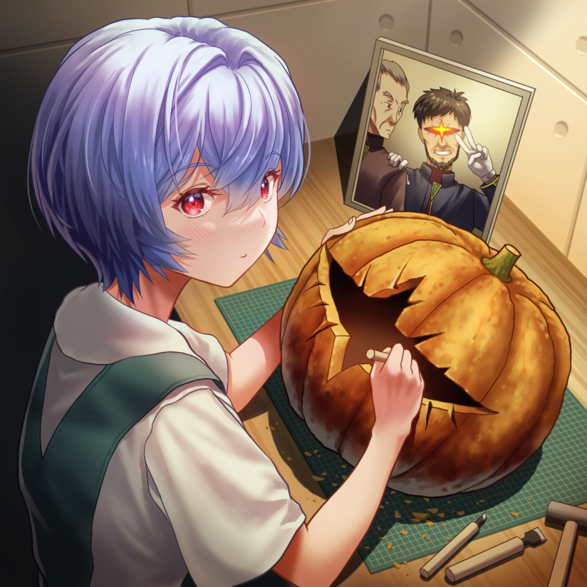 1girl ayanami_rei beard blue_hair carving evangelion:_3.0+1.0_thrice_upon_a_time facial_hair from_above fuyutsuki_kouzou gloves grey_hair halloween highres ikari_gendou looking_at_viewer neon_genesis_evangelion old old_man photo_(object) pumpkin rebuild_of_evangelion red_eyes school_uniform short_hair smile solo tokyo-3_middle_school_uniform v yahha