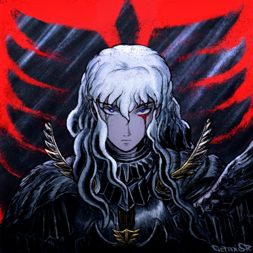 1boy armor artist_name berserk blood blood_from_eyes blue_eyes commentary crying crying_with_eyes_open english_commentary facing_viewer griffith_(berserk) highres long_hair looking_at_viewer male_focus red_background shoulder_armor solo tax_oc tears wavy_hair white_hair