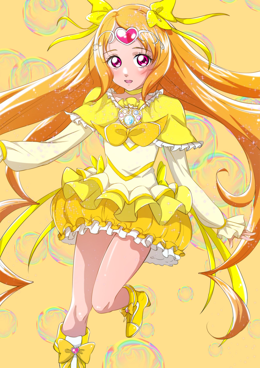 1girl absurdres blush boots brooch bubble bubble_skirt capelet choker cowboy_shot cure_muse_(yellow) dress frilled_skirt frills hair_ribbon highres jewelry kypkenta long_sleeves looking_at_viewer open_mouth orange_background orange_hair precure ribbon shirabe_ako shirt simple_background skirt smile solo standing standing_on_one_leg suite_precure tiara violet_eyes yellow_choker yellow_dress yellow_footwear yellow_ribbon yellow_shirt