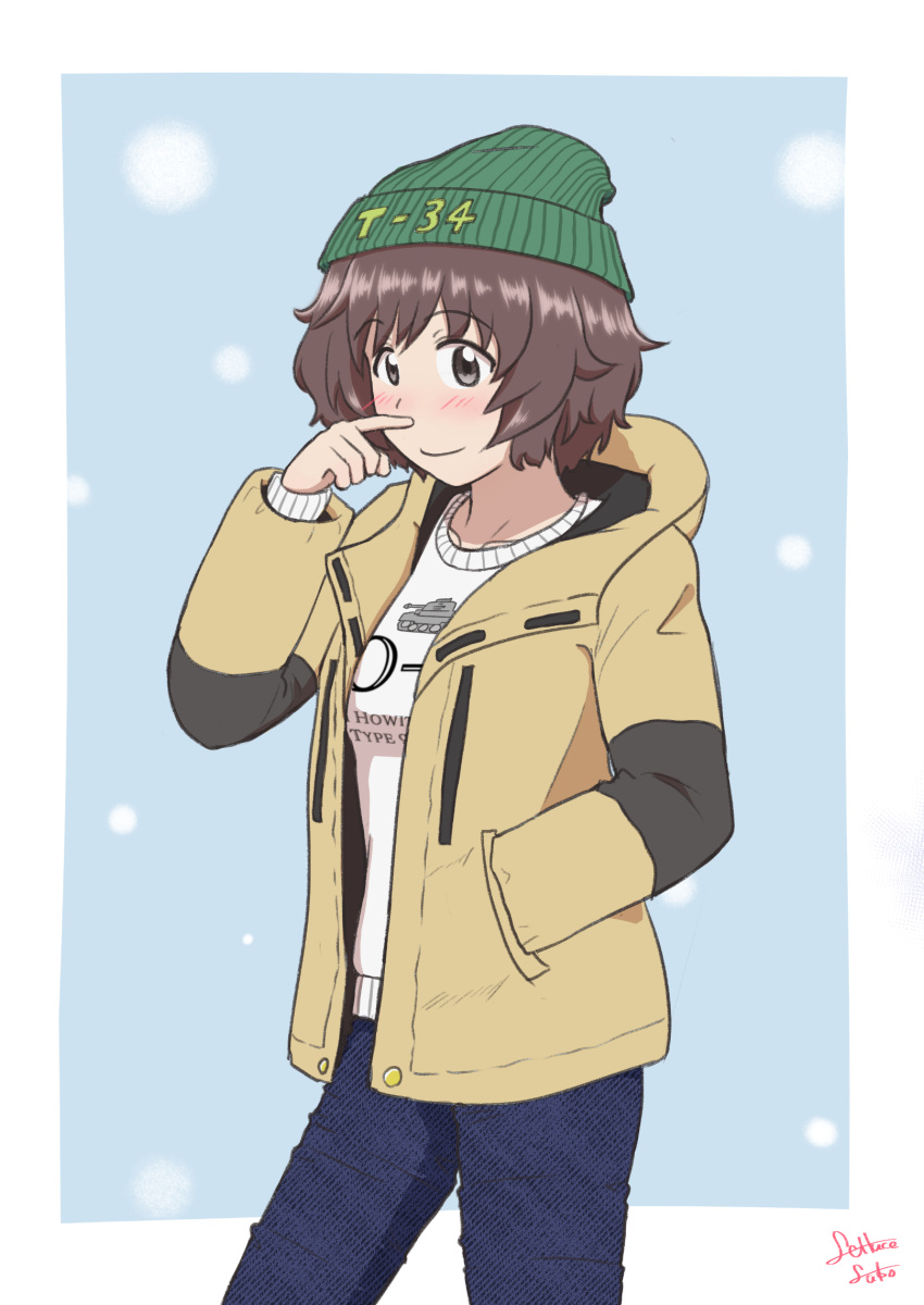1girl akiyama_yukari artist_name bangs beanie blue_pants blush brown_eyes brown_hair casual closed_mouth coat commentary cowboy_shot finger_to_face girls_und_panzer green_headwear hand_in_pocket hat highres hooded_coat lettuce-labo long_sleeves looking_at_viewer messy_hair open_clothes open_coat pants short_hair signature smile solo standing sweater white_sweater winter_clothes yellow_coat