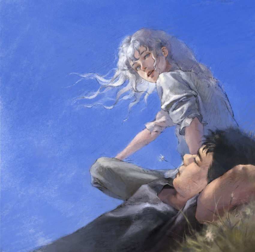 2boys aizheajsee arms_behind_back berserk black_hair black_tank_top blue_eyes blue_sky closed_eyes closed_mouth commentary commentary_request grass griffith_(berserk) guts_(berserk) highres long_hair looking_at_viewer lying male_focus mouth_hold multiple_boys on_grass parted_lips shirt short_hair short_sleeves sitting sky sleeping smile spiky_hair stalk_in_mouth tank_top white_hair white_shirt