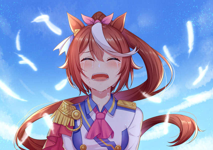 1girl absurdres animal_ears breasts brown_hair closed_eyes coat crying falling_feathers feathers hair_ribbon highres horse_ears horse_girl kensei_(ciid) long_hair multicolored_hair open_mouth ponytail ribbon solo tearing_up tears tokai_teio_(umamusume) umamusume uniform upper_body white_feathers