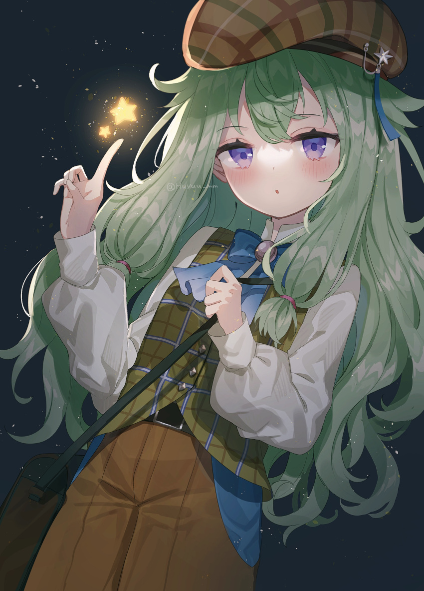 1girl absurdres bag bangs belt belt_buckle black_bag blue_bow blue_bowtie bow bowtie brown_headwear brown_pants buckle commentary deerstalker fuinagi_(huyuu_mm) green_hair hat highres kusanagi_nene long_hair long_sleeves low-tied_long_hair night night_sky open_mouth outdoors pants parted_lips plaid plaid_vest pointing pointing_up project_sekai sky solo star_(sky) starry_sky symbol-only_commentary vest violet_eyes white_sleeves yellow_vest
