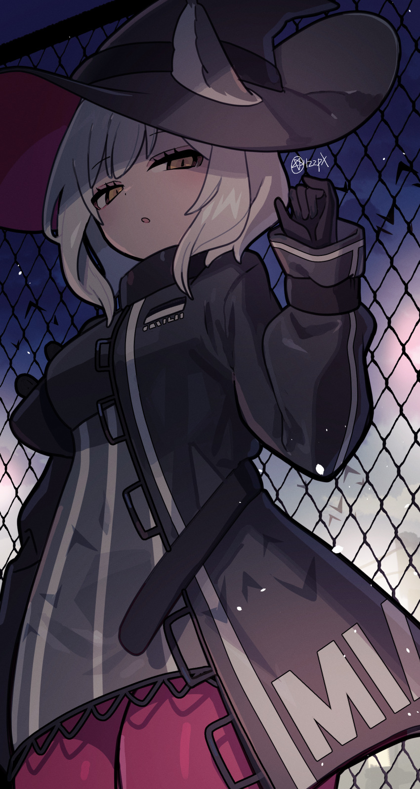 122pxsheol 1girl absurdres animal_ears arknights artist_name black_dress black_gloves black_headwear black_jacket breasts cat_ears cat_girl chain-link_fence cowboy_shot dress ears_through_headwear fence gloves half-closed_eyes hand_up hat haze_(arknights) highres jacket light_brown_hair long_hair long_sleeves looking_at_viewer night night_sky open_clothes open_jacket outdoors pantyhose parted_lips red_pantyhose sky small_breasts solo thighs witch_hat yellow_eyes