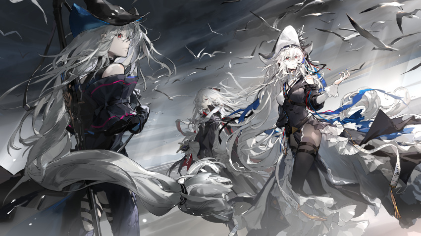 3girls absurdres arknights bare_shoulders bird black_gloves black_headwear black_pants black_pantyhose black_shirt black_sleeves breasts clothing_cutout detached_sleeves dutch_angle gladiia_(arknights) gladiia_(return)_(arknights) gloves grey_hair grey_sky hair_between_eyes hair_over_one_eye hat highres long_hair low-tied_long_hair low_ponytail midoriii717 multiple_girls official_alternate_costume outdoors pants pantyhose pointy_ears red_eyes seagull shirt skadi_(arknights) small_breasts specter_(arknights) specter_the_unchained_(arknights) thigh_cutout very_long_hair white_gloves