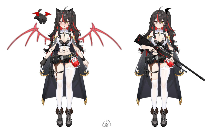 1girl ahoge animal_ears animated bangs black_hair black_thighhighs blood blood_bag cat_ears cloak eyebrows_hidden_by_hair gun hair_between_eyes highres holding holding_gun holding_weapon leg_belt live2d long_hair looking_at_viewer multicolored_eyes multicolored_hair original red_eyes redhead rifle simple_background sniper_rifle solo tachi-e tangdouji_(machine) thigh-highs virtual_youtuber weapon white_background wings yellow_eyes