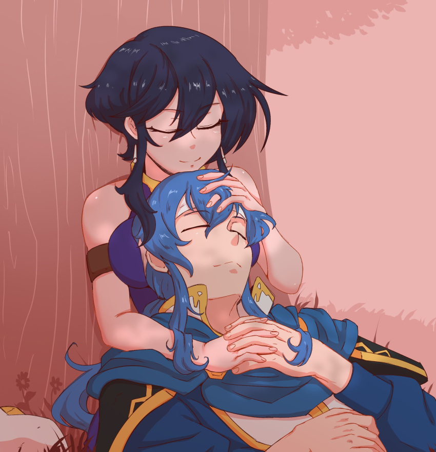 1boy 1girl armband bangs bare_shoulders black_hair blue_cape blue_hair breast_pillow cape closed_eyes couple earrings hair_between_eyes hand_in_another's_hair hand_on_another's_head headband highres interlocked_fingers jewelry larcei_(fire_emblem) long_hair lying mrtalkingdino on_back on_grass seliph_(fire_emblem) short_hair_with_long_locks sidelocks sleeping sleeping_on_person smile tree under_tree white_headband