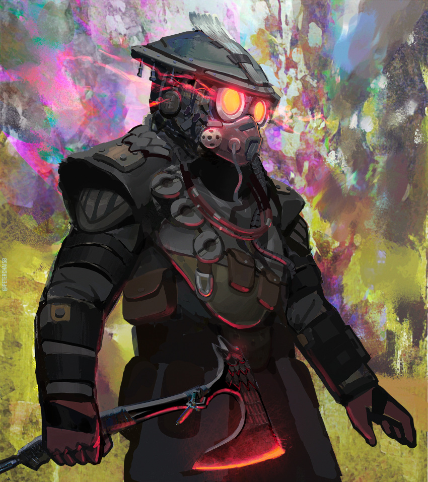 1other absurdres ambiguous_gender apex_legends armor axe bloodhound_(apex_legends) breastplate cable english_commentary gloves glowing goggles grey_jacket helmet highres holding holding_axe jacket looking_ahead open_hand peter_chai raven's_bite rebreather red_gloves