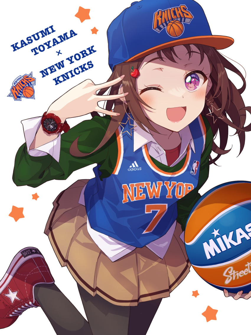 1girl apple_hair_ornament ball bang_dream! basketball basketball_jersey black_pantyhose blue_shirt blush brown_skirt character_name collared_shirt converse earrings food-themed_hair_ornament green_sweater hair_ornament highres holding holding_ball jewelry layered_clothes national_basketball_association new_york_knicks one_eye_closed pantyhose red_footwear red_shirt shirt shoes skirt sleeveless sleeveless_shirt smile sneakers solo star_(symbol) star_earrings sweater toyama_kasumi violet_eyes w watch watch white_background white_shirt yazawa_happyaro