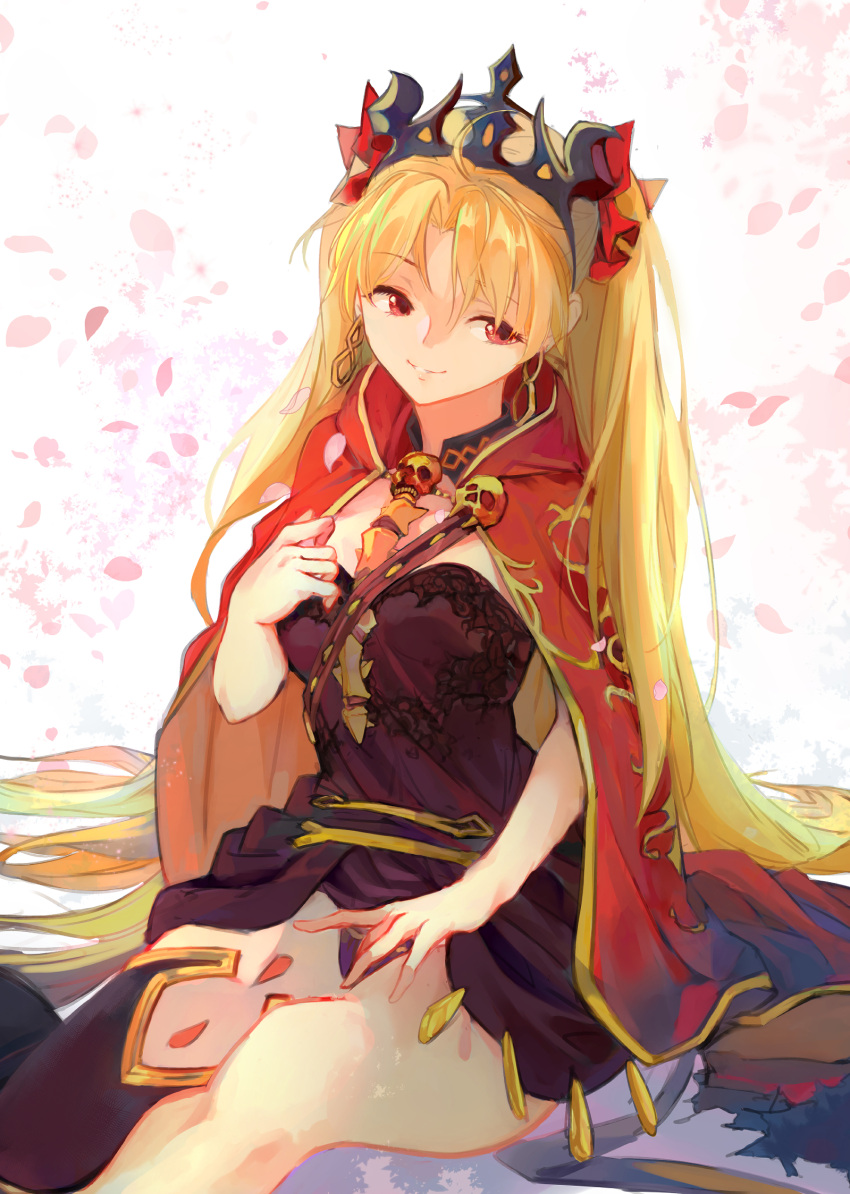1girl bangs blonde_hair breasts cloak crown ereshkigal_(fate) eyebrows_hidden_by_hair falling_petals fate/grand_order fate_(series) headdress highres jewelry long_hair looking_at_viewer necklace petals red_eyes saitogiulio sitting skirt skull smile solo very_long_hair