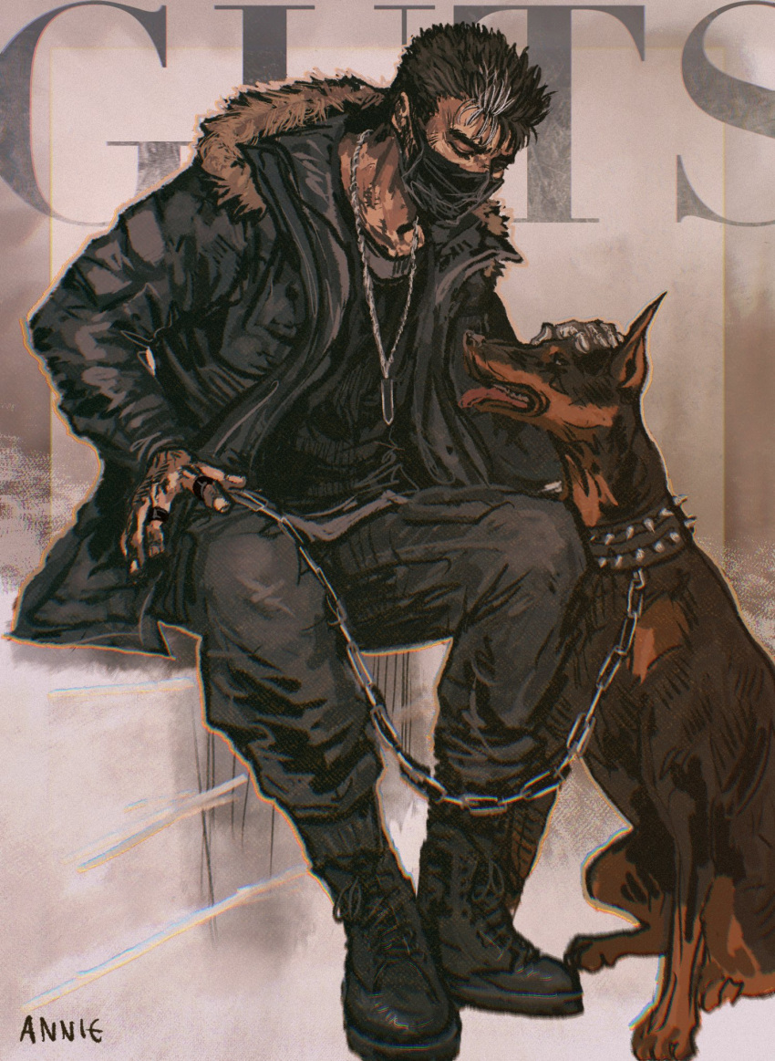 1boy anniechromes berserk black_hair black_jacket black_shirt chain chained collar commentary dog dragonslayer_(sword) english_commentary fur_collar guts_(berserk) highres jacket jewelry male_focus mask mouth_mask multicolored_hair necklace open_clothes open_jacket shirt short_hair solo solo_focus spiky_hair streaked_hair tongue tongue_out