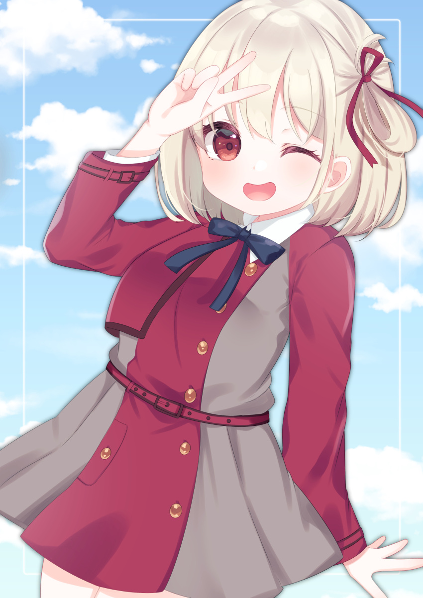 1girl ;d arm_up bangs black_bow blonde_hair blue_sky bow clouds cloudy_sky commentary_request day dress grey_dress hair_between_eyes hair_ribbon highres long_sleeves looking_at_viewer lycoris_recoil nishikigi_chisato one_eye_closed outdoors pleated_skirt red_dress red_eyes red_ribbon ribbon romaji_commentary skirt sky smile solo suzu_(minagi) two-tone_dress