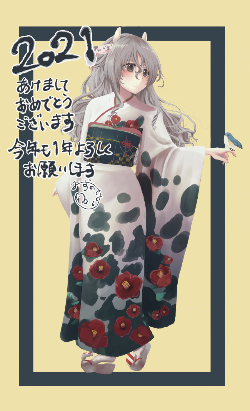 1girl 2021 absurdres alternate_costume animal_ears bird bird_on_hand chinese_zodiac cow_ears fake_animal_ears fake_horns floral_print full_body furisode grey_eyes grey_hair hair_between_eyes highres horns japanese_clothes kantai_collection kimono long_hair mizunototori pola_(kancolle) print_kimono solo standing wavy_hair white_kimono wide_sleeves year_of_the_ox