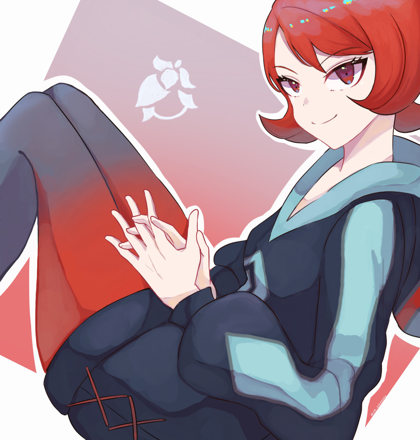 1girl absurdres arezu_(pokemon) bangs closed_mouth commentary_request eyelashes from_side gradient gradient_legwear head_tilt highres interlocked_fingers jacket looking_to_the_side outline own_hands_together pantyhose pokemon pokemon_(game) pokemon_legends:_arceus red_eyes redhead short_hair smile solo split_mouth weiss_9610