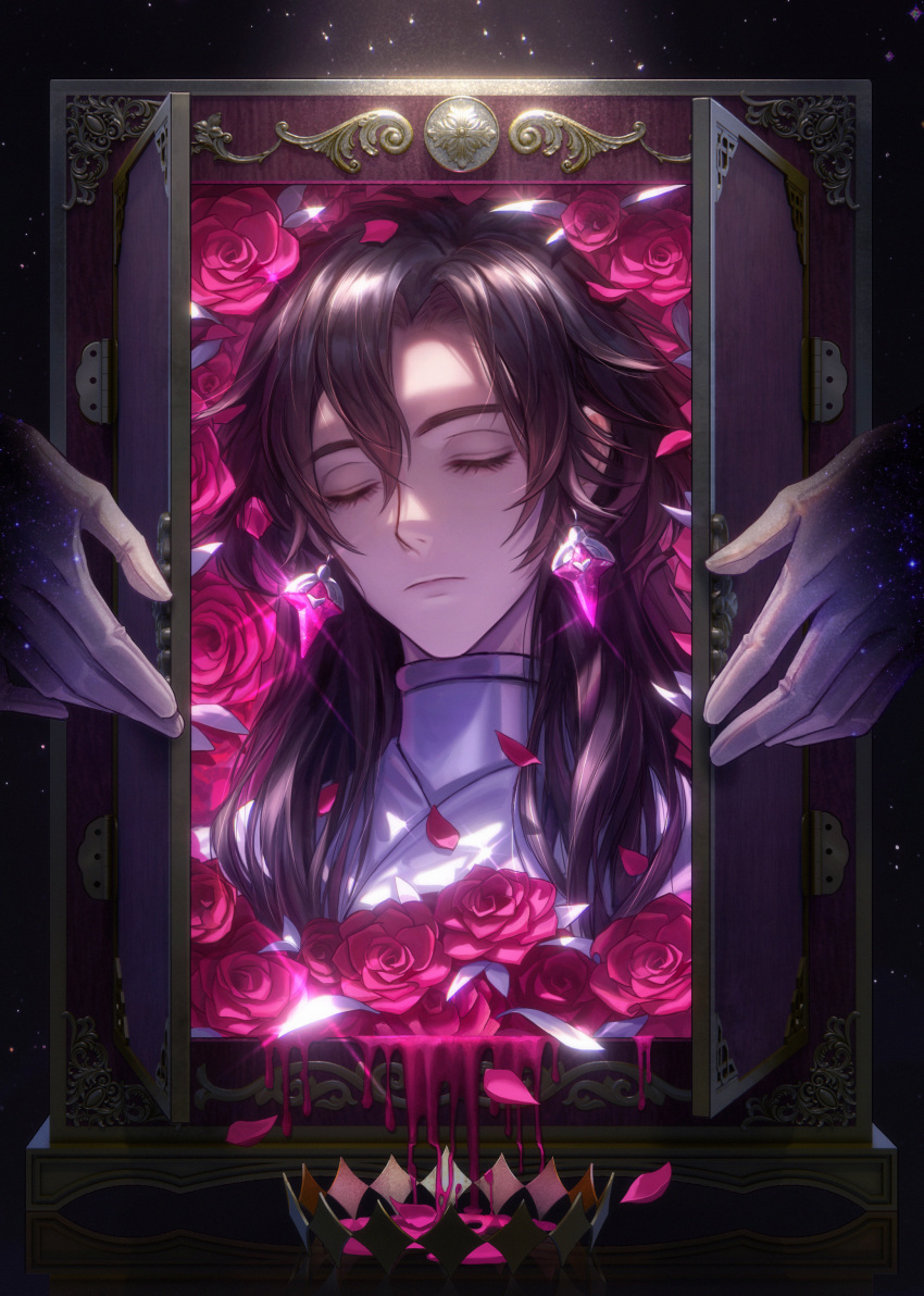 1boy absurdres black_hair blood box chinese_commentary cloak closed_eyes closed_mouth constantine_xi_(fate) crown crown_removed curtained_hair earrings fate/grand_order fate_(series) flower glint gloves hair_between_eyes highres in_box in_container jewelry light_particles long_hair male_focus out_of_frame pink_blood pink_flower pink_rose portrait qingyuan rose solo white_cloak white_gloves