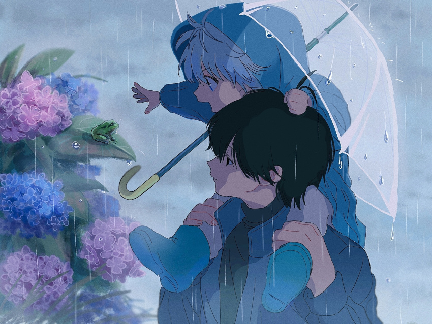 2boys :d black_hair boots brothers carrying child flower frog highres hunter_x_hunter hydrangea illumi_zoldyck jacket killua_zoldyck long_sleeves male_child male_focus multiple_boys outdoors outstretched_arm piggyback rain raincoat short_hair siblings smile thicopoyo transparent transparent_umbrella umbrella water_drop white_hair