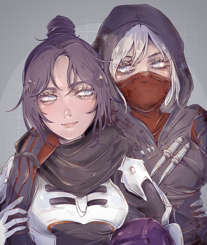 2girls animification apex_legends arm_around_shoulder armor bangs black_bodysuit black_hair blood blood_on_clothes blue_eyes bodysuit datsushaba dual_persona grey_background grey_hair hair_bun headwear_removed helmet helmet_removed highres holding_another's_arm hood hood_up hooded_bodysuit knife looking_at_another looking_to_the_side mask mouth_mask multiple_girls ninja nose_piercing official_alternate_costume parted_bangs piercing rift_stalker_wraith smile upper_body voidwalker_wraith wraith_(apex_legends)
