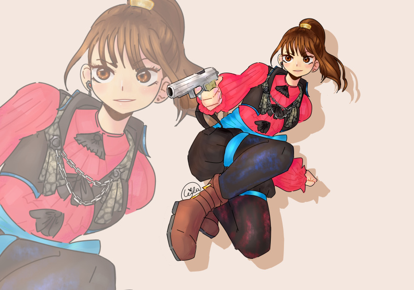 1girl absurdres alluring boots brown_eyes brown_hair flint_goldtsuiker highres holding_blaster kikai_sentai_zenkaiger laser_blaster leila_(artist) super_sentai