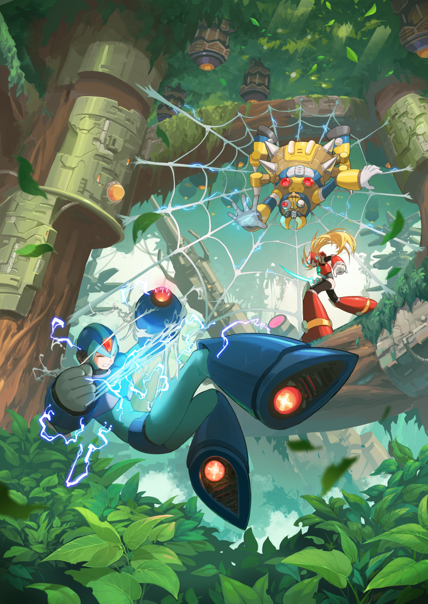 2boys absurdres armor blonde_hair clenched_teeth closed_eyes electricity forest helmet highres holding holding_sword holding_weapon mega_man_(series) mega_man_x4 mega_man_x_(character) mega_man_x_(series) multiple_boys nature robot silk spider_web sword tanziya_(codlxcold) teeth tree weapon zero_(mega_man)