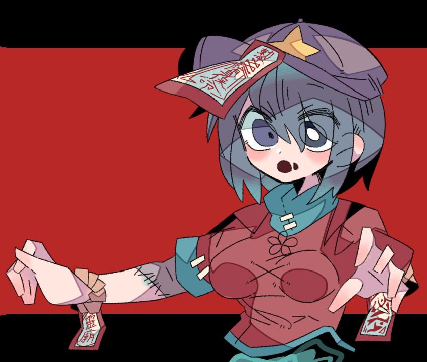 1girl bangs black_eyes black_hair breasts hat_ornament highres jiangshi mismatched_pupils miyako_yoshika ofuda one-hour_drawing_challenge open_mouth outstretched_arms purple_headwear r.h_no.1_fuyumomo red_background red_shirt shirt short_hair simple_background solo star_(symbol) star_hat_ornament touhou upper_body zombie_pose