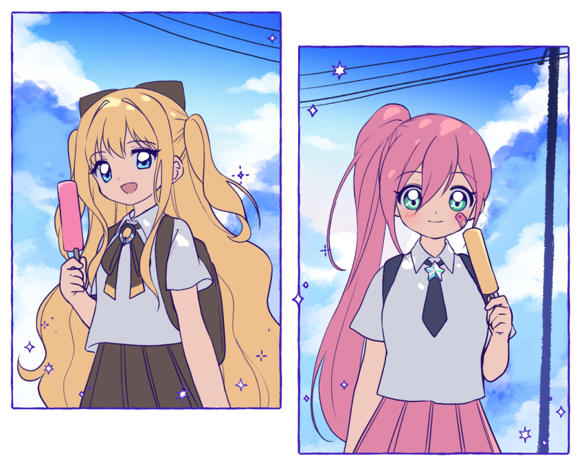 2girls :d backpack bag bandaid bandaid_on_cheek bandaid_on_face bangs black_necktie black_skirt blonde_hair blue_sky blush breasts closed_mouth clouds cloudy_sky collared_shirt day food green_eyes hair_between_eyes headgear holding holding_food long_hair mechuragi multicolored_hair multiple_girls necktie outdoors pink_hair pink_skirt pleated_skirt popsicle power_lines seeu shirt short_sleeves side_ponytail skirt sky small_breasts smile star_(symbol) two-tone_hair uni_(vocaloid) utility_pole very_long_hair vocaloid white_shirt