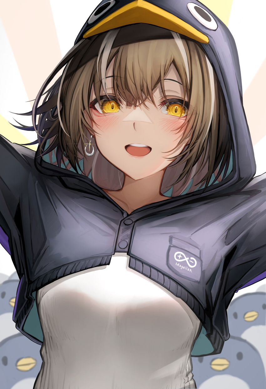 1girl absurdres animal_hood arknights arms_up black_jacket blush brown_hair cropped_jacket earrings hair_between_eyes highres hood jacket jewelry long_sleeves looking_at_viewer magallan_(arknights) open_mouth penguin_hood penguin_logistics_logo shirt short_hair simple_background solo tab_head teeth upper_body upper_teeth white_background white_shirt yellow_eyes