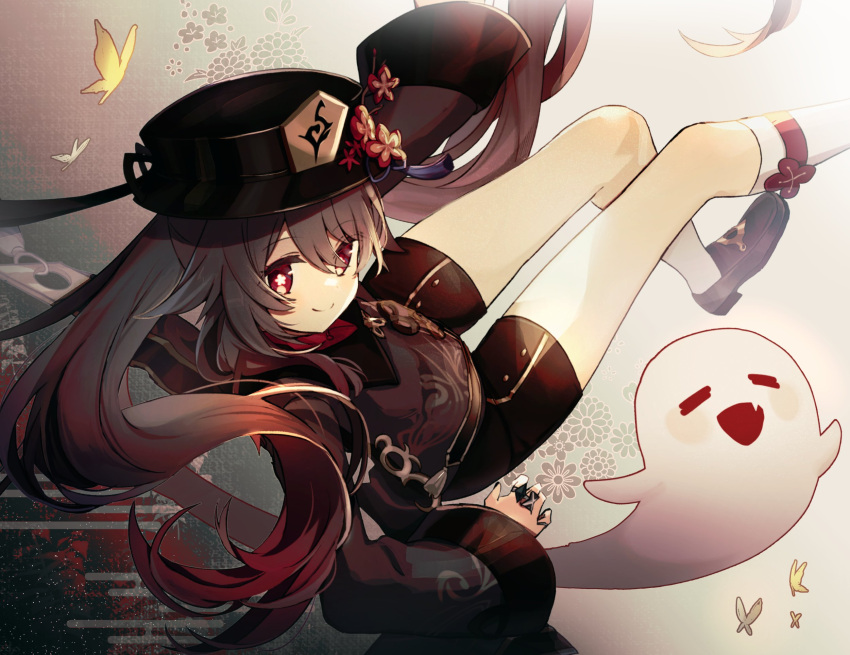 1girl black_headwear black_nails black_shorts boo_tao_(genshin_impact) brown_coat brown_hair coat coattails collared_coat commentary_request floating flower flower-shaped_pupils from_behind genshin_impact ghost gradient_hair hat hat_flower highres hu_tao_(genshin_impact) jewelry long_hair long_sleeves looking_at_viewer merry-san multicolored_hair multiple_rings plum_blossoms porkpie_hat redhead ring shorts smile socks solo symbol-shaped_pupils twintails very_long_hair white_socks