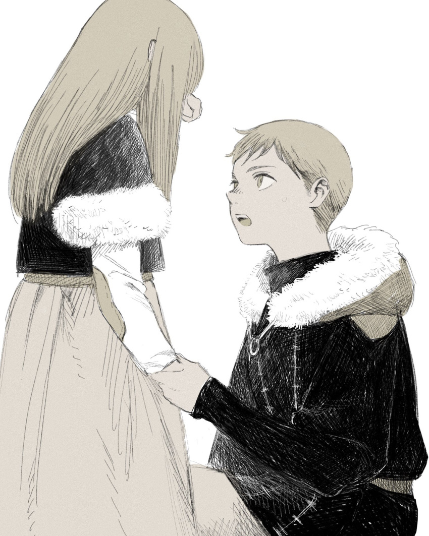 1boy 1girl black_shirt blonde_hair brother_and_sister child comforting dress dungeon_meshi falin_thorden female_child frs2 fur_trim highres holding_hands hood hood_down laios_thorden layered_sleeves long_hair long_sleeves looking_at_another male_child o-ring one_knee open_mouth sash shirt short_hair short_over_long_sleeves short_sleeves siblings simple_background tears turtleneck white_background winter_clothes wiping_face wiping_tears yellow_eyes