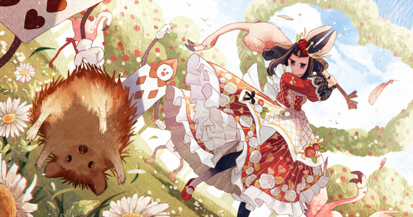 1girl 2others alice_in_wonderland animal animal_ears apron black_hair blue_sky brown_hair card cheering collared_dress curly_hair dress dutch_angle eight_of_diamonds_(alice_in_wonderland) feathers feet_out_of_frame flower garden hair_flower hair_ornament hands_up heart hedgehog highres hinata_(echoloveloli) holding holding_animal looking_at_viewer mary_janes multiple_others outdoors pantyhose playing_card playing_sports queen_of_hearts_(alice_in_wonderland) rabbit_ears red_dress red_flower red_rose rose rose_bush shoes sidelocks sky standing tiara waist_apron white_flower white_pantyhose white_rose