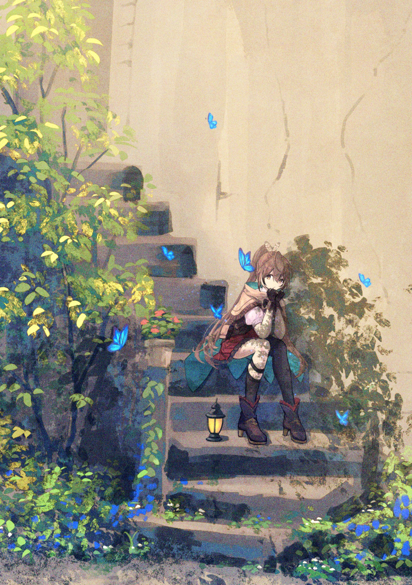 1girl absurdres ahoge ankle_boots asymmetrical_legwear bangs belt boots brown_capelet brown_cloak brown_corset brown_eyes brown_hair bug bush butterfly cape capelet cloak corset feather_hair_ornament feathers foliage gloves hair_ornament hairclip highres hololive hololive_english knee_strap kneehighs lantern long_hair multicolored_hair nanashi_mumei partially_fingerless_gloves pleated_skirt ponytail pouch red_skirt ribbon shirt single_kneehigh single_sock single_thighhigh sitting sitting_on_stairs skirt socks stairs stone_stairs streaked_hair thigh-highs thigh_strap tree very_long_hair virtual_youtuber white_shirt xyunx